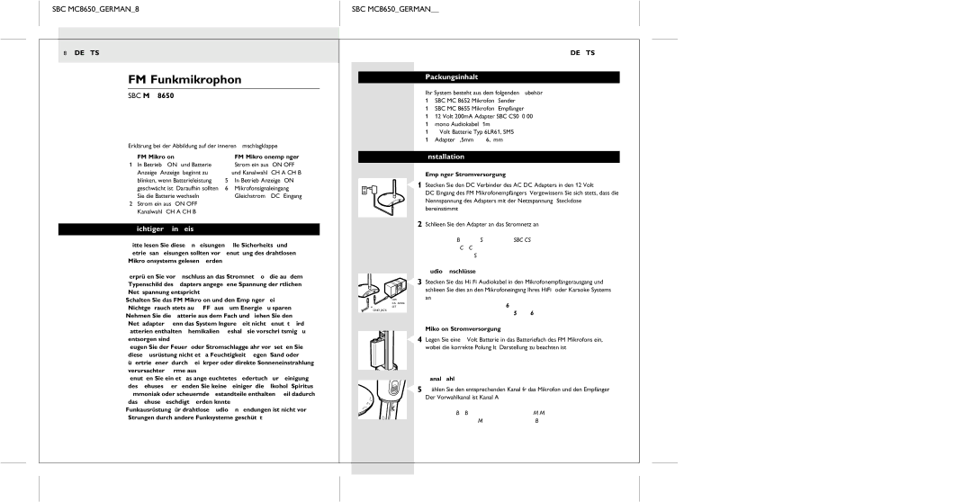 Philips manual FM-Funkmikrophon, SBC MC8650GERMAN8 SBC MC8650GERMAN9, Wichtiger Hinweis, Packungsinhalt 