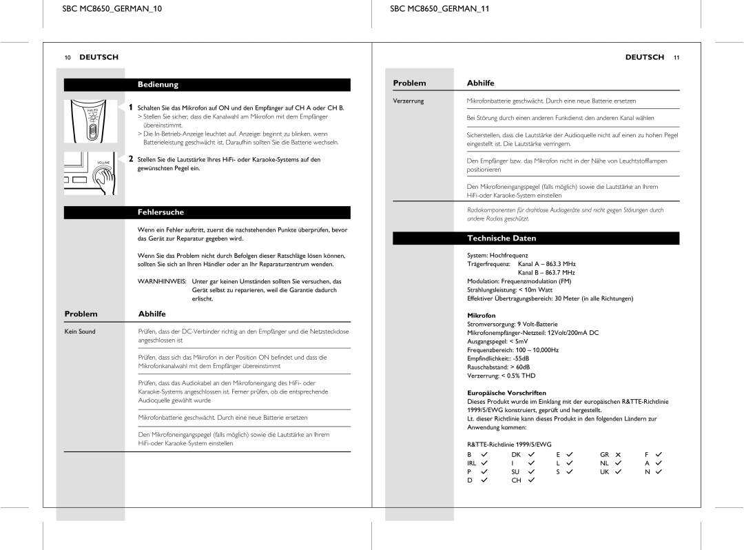 Philips manual SBC MC8650GERMAN10 SBC MC8650GERMAN11, Bedienung, Problem Abhilfe, Fehlersuche, Technische Daten 