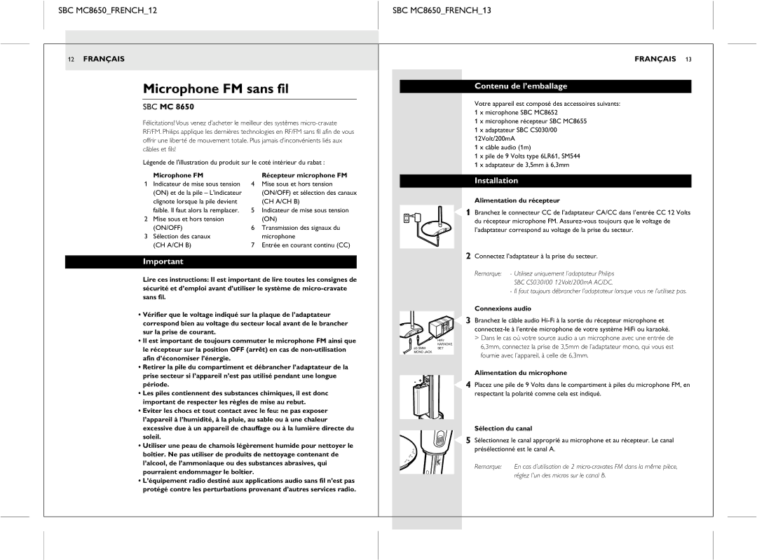 Philips manual Microphone FM sans fil, SBC MC8650FRENCH12 SBC MC8650FRENCH13, Contenu de l’emballage 