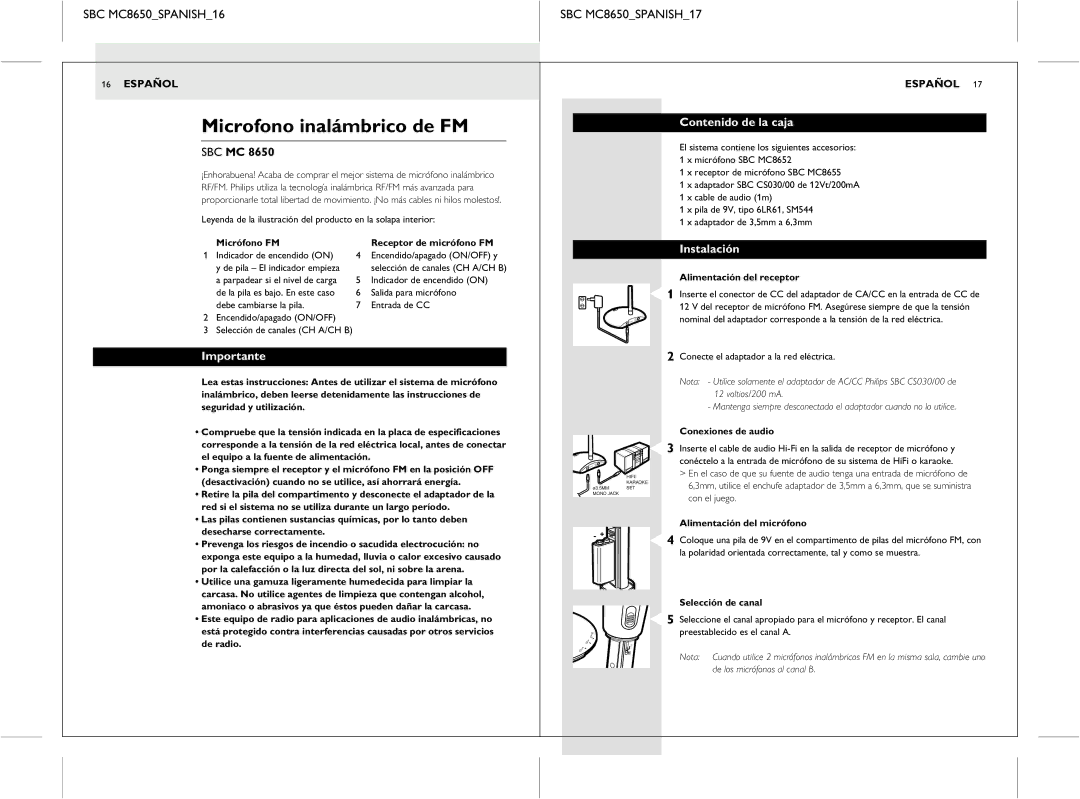 Philips manual Microfono inalámbrico de FM, SBC MC8650SPANISH16 SBC MC8650SPANISH17, Contenido de la caja, Instalación 