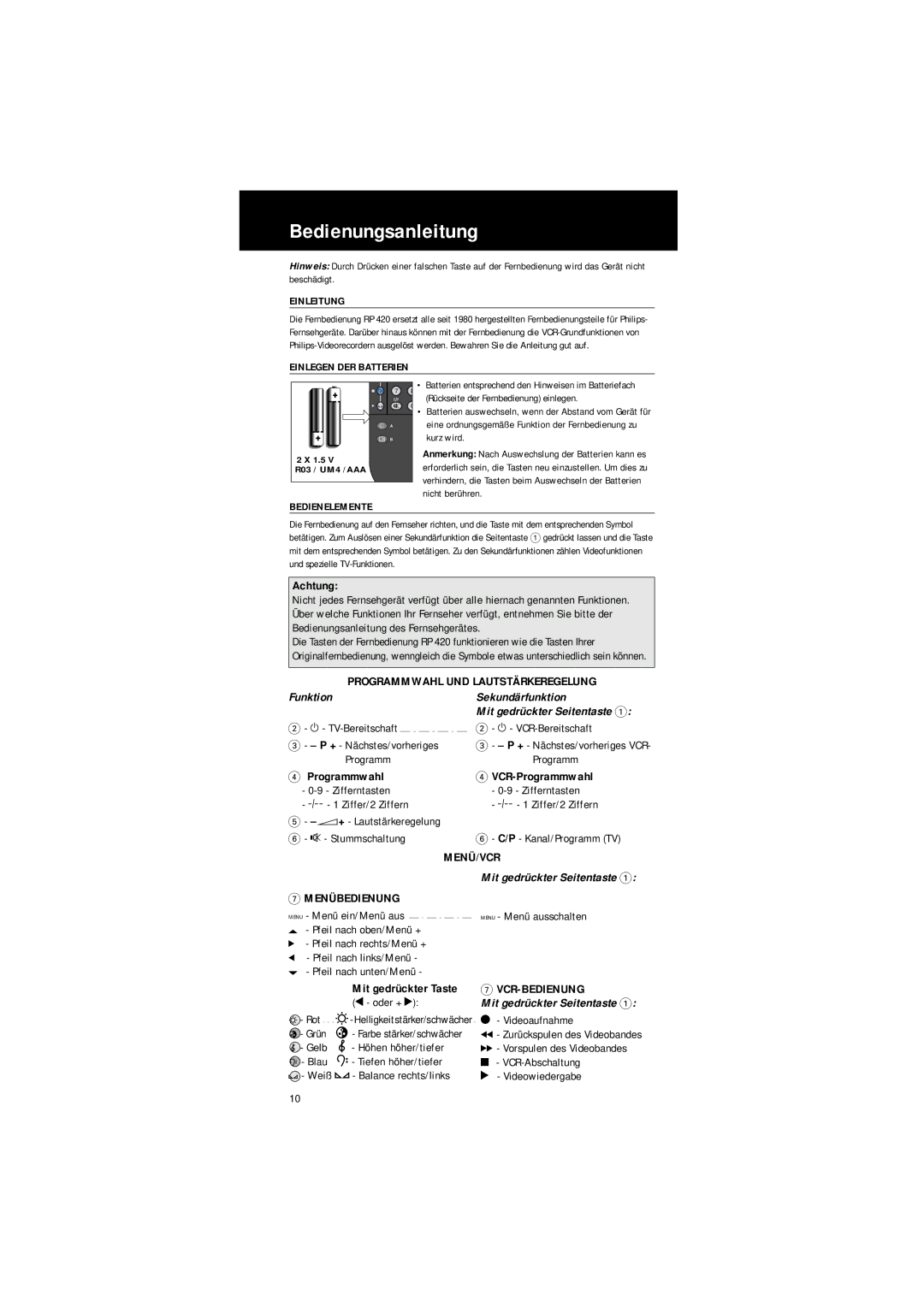 Philips SBC RP 420 manual Bedienungsanleitung, Funktion Sekundärfunktion, Mit gedrückter Seitentaste, Oder + 