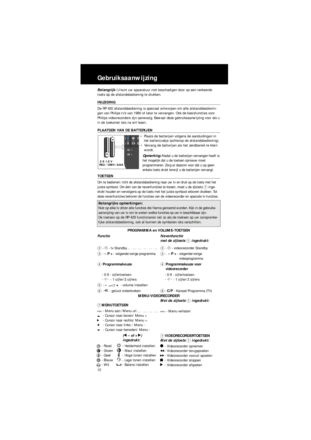 Philips SBC RP 420 manual Gebruiksaanwijzing, Functie Nevenfunctie, Met de zijtoets 1 ingedrukt 