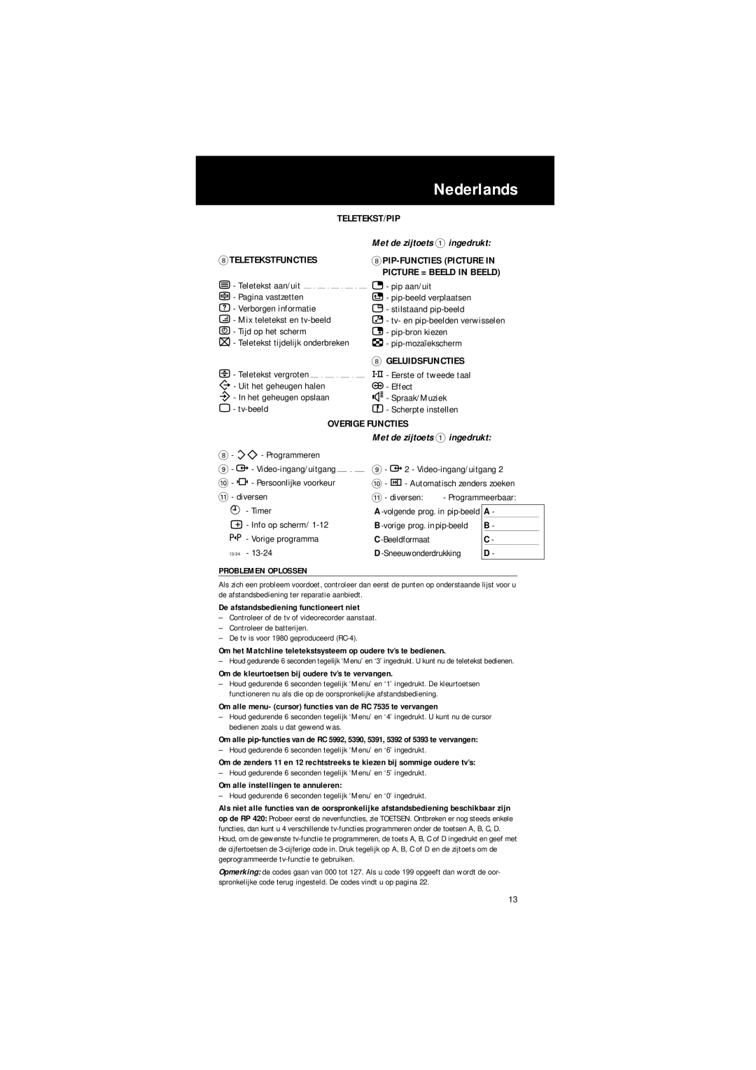 Philips SBC RP 420 manual Nederlands, Teletekst/Pip, Geluidsfuncties, Overige Functies 