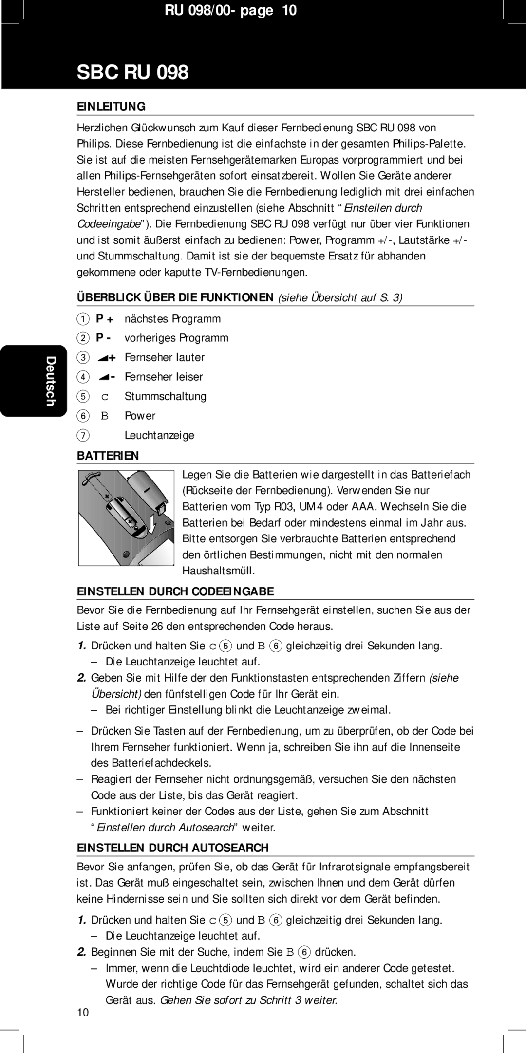 Philips SBC RU 098 Einleitung, Überblick Über DIE Funktionen siehe Übersicht auf S, Batterien, Einstellen Durch Autosearch 