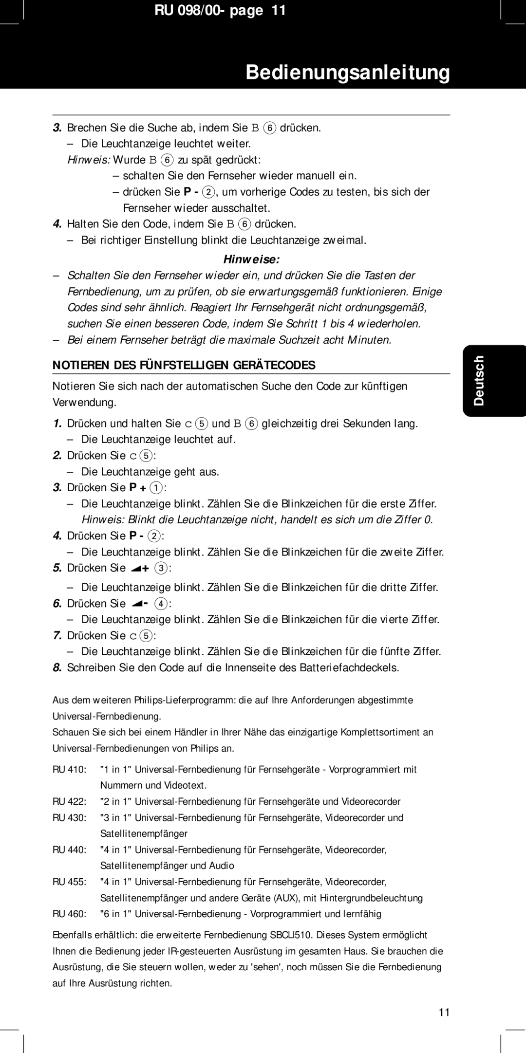 Philips SBC RU 098 manual Bedienungsanleitung, Hinweise, Notieren DES Fünfstelligen Gerätecodes 