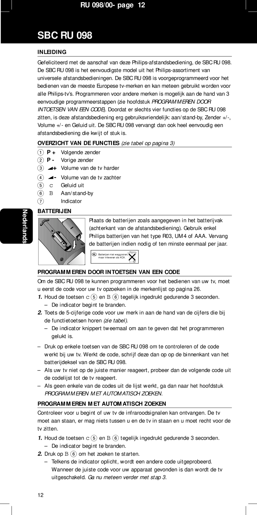 Philips SBC RU 098 manual Inleiding, Overzicht VAN DE Functies zie tabel op pagina, Batterijen 