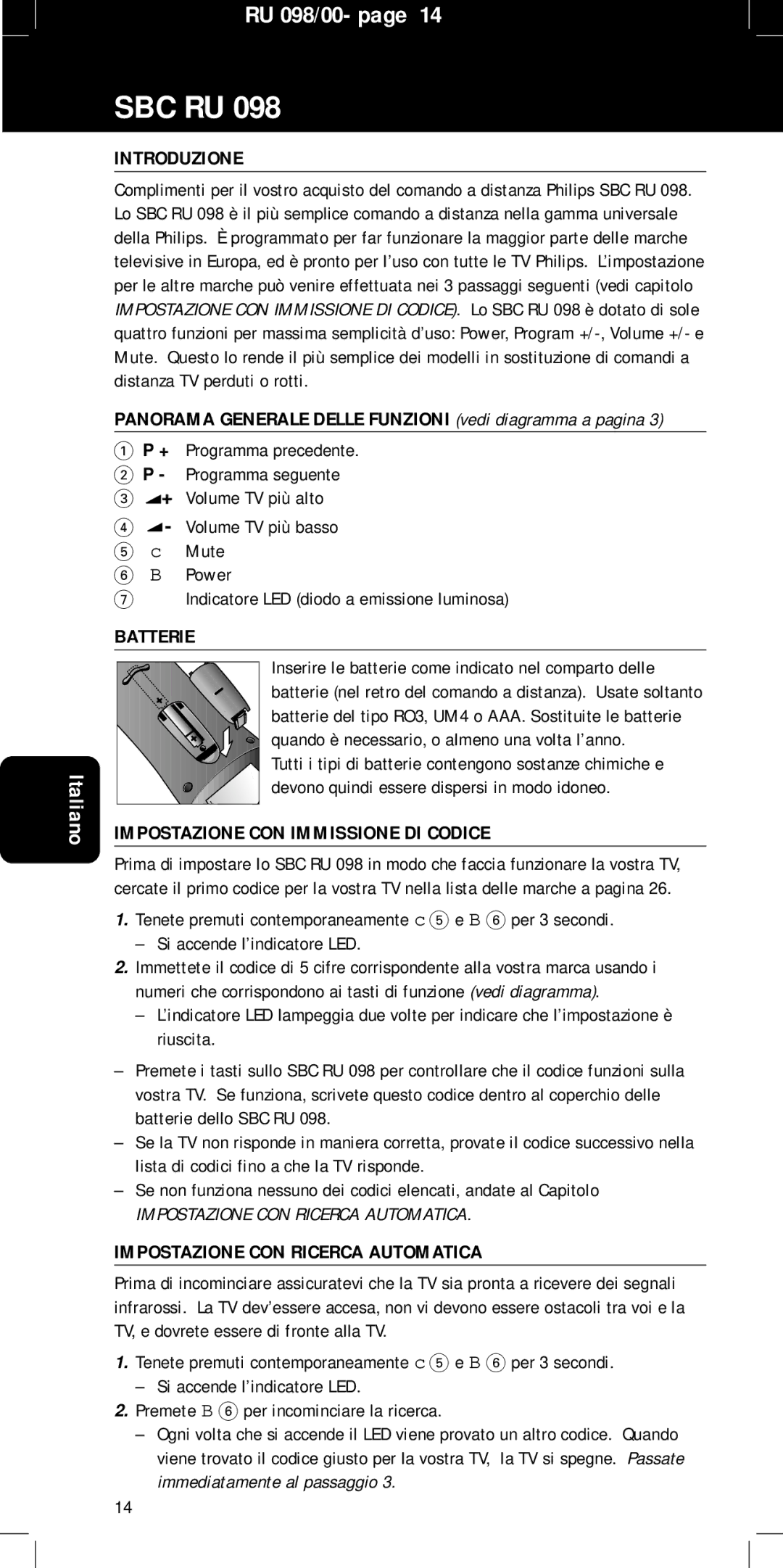 Philips SBC RU 098 manual Introduzione, Panorama Generale Delle Funzioni vedi diagramma a pagina, Batterie 