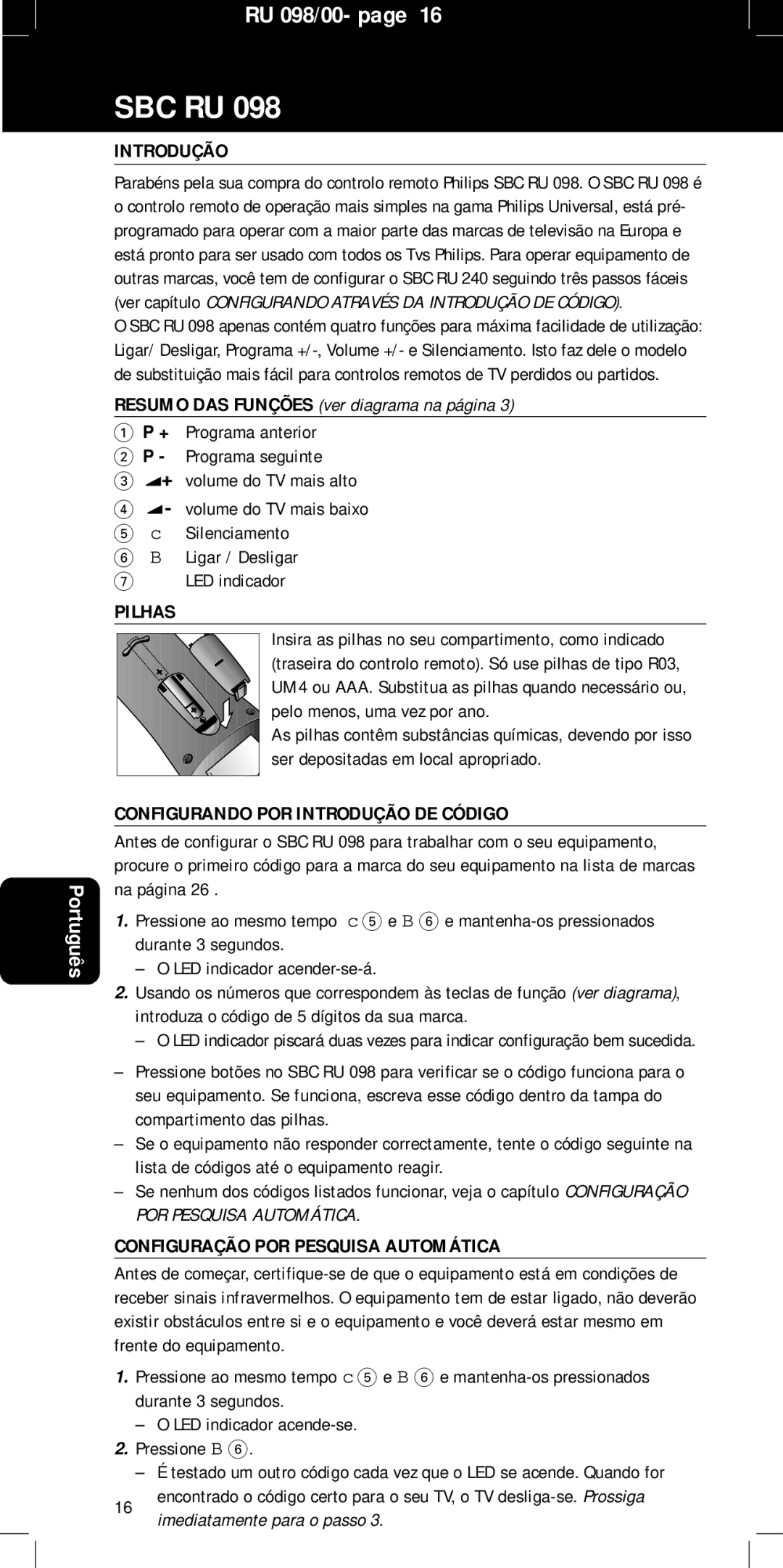 Philips SBC RU 098 manual Resumo DAS Funções ver diagrama na página, Pilhas, Configurando POR Introdução DE Código 