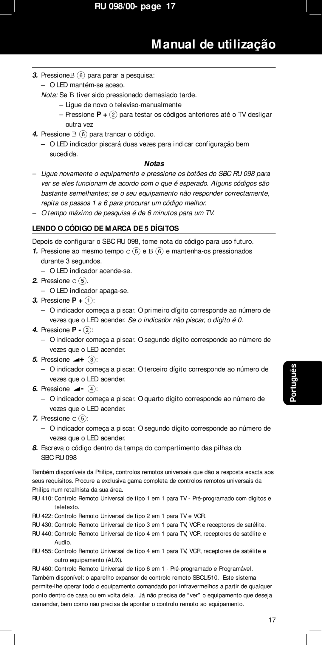 Philips SBC RU 098 manual Manual de utilização, Tempo máximo de pesquisa é de 6 minutos para um TV 