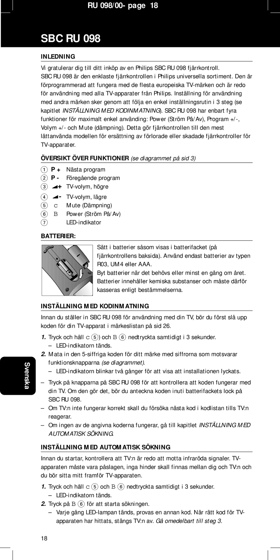 Philips SBC RU 098 manual Inledning, Översikt Över Funktioner se diagrammet på sid, Batterier, Inställning MED Kodinmatning 