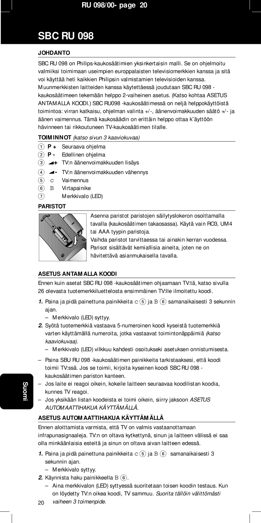 Philips SBC RU 098 manual Johdanto, Paristot, Asetus Antamalla Koodi, Asetus Automaattihakua Käyttämällä 