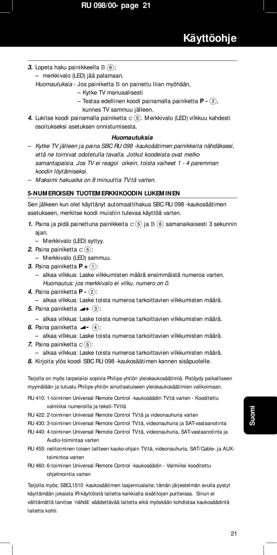 Philips SBC RU 098 manual Käyttöohje, Huomautuksia, Numeroisen Tuotemerkkikoodin Lukeminen 