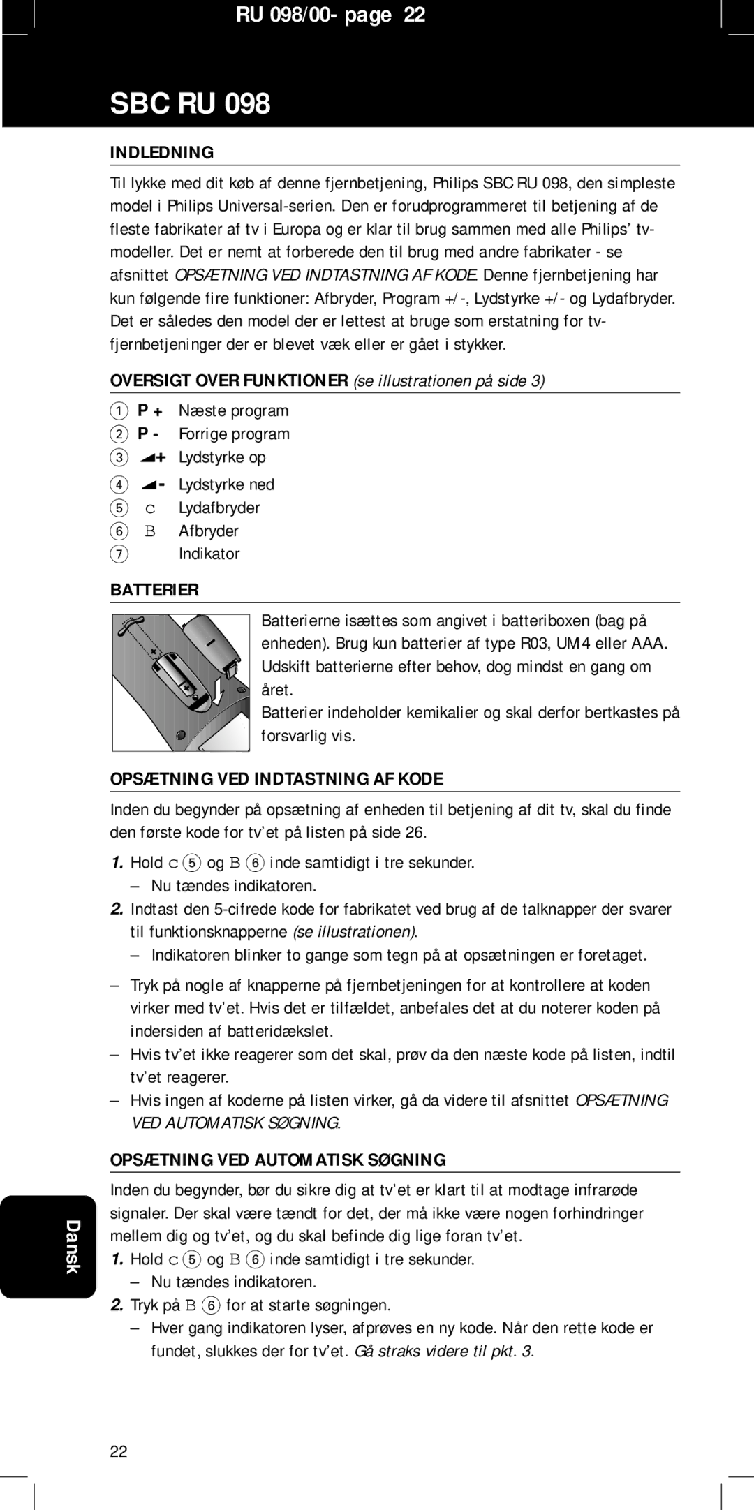 Philips SBC RU 098 manual Indledning, Oversigt Over Funktioner se illustrationen på side, Opsætning VED Indtastning AF Kode 