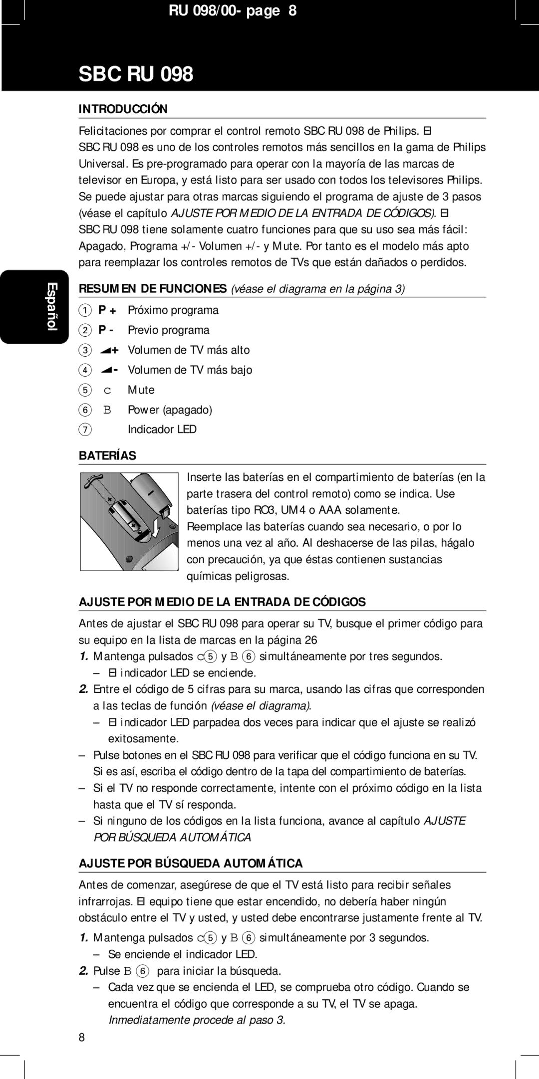 Philips SBC RU 098 manual Introducción, Resumen DE Funciones véase el diagrama en la página, Baterías 