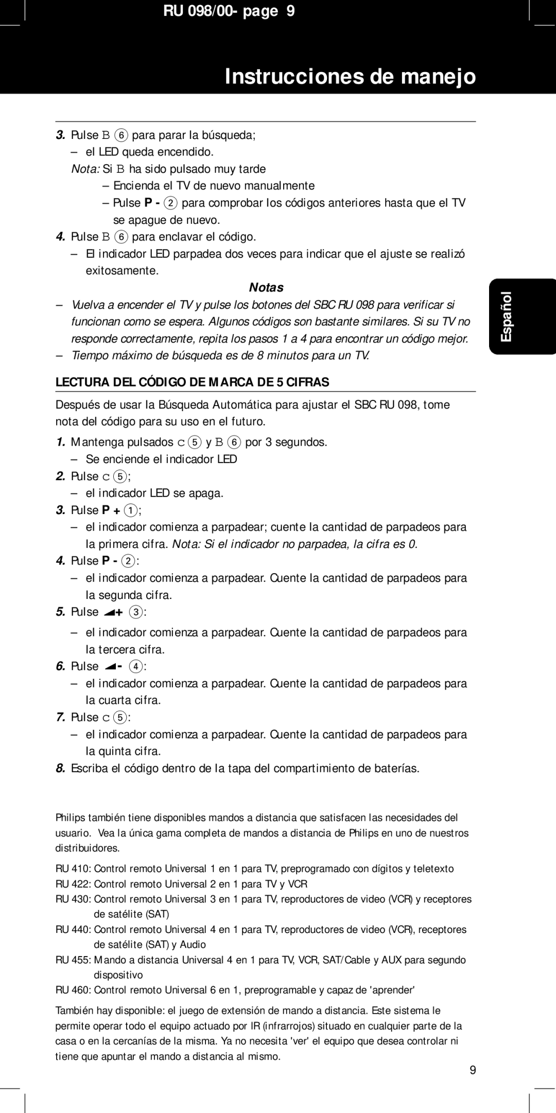 Philips SBC RU 098 manual Instrucciones de manejo, Notas, Tiempo máximo de búsqueda es de 8 minutos para un TV 