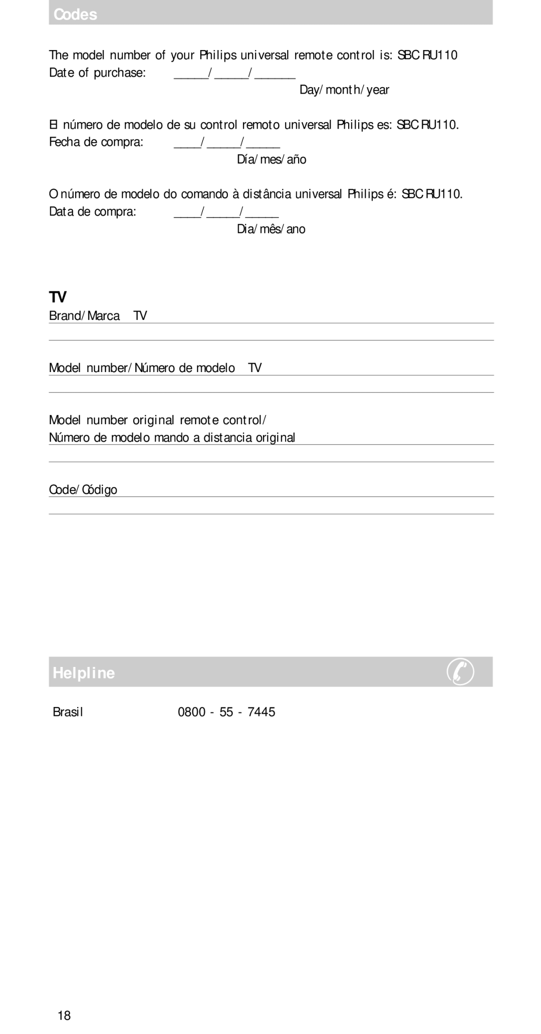 Philips sbc ru 110 manual Helpline, Día/mes/año, Brasil 0800 55 