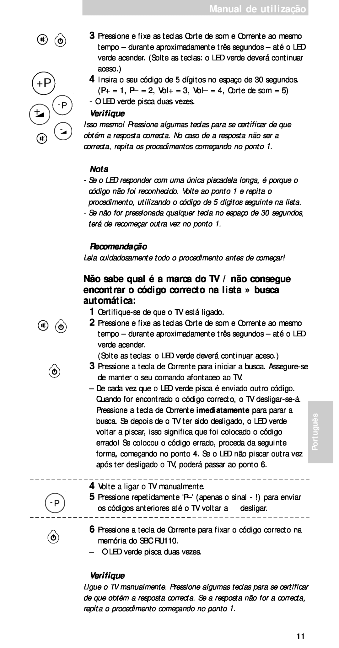 Philips sbc ru 110 manual Manual de utilização, Verifique, Nota, Recomendação, Português 