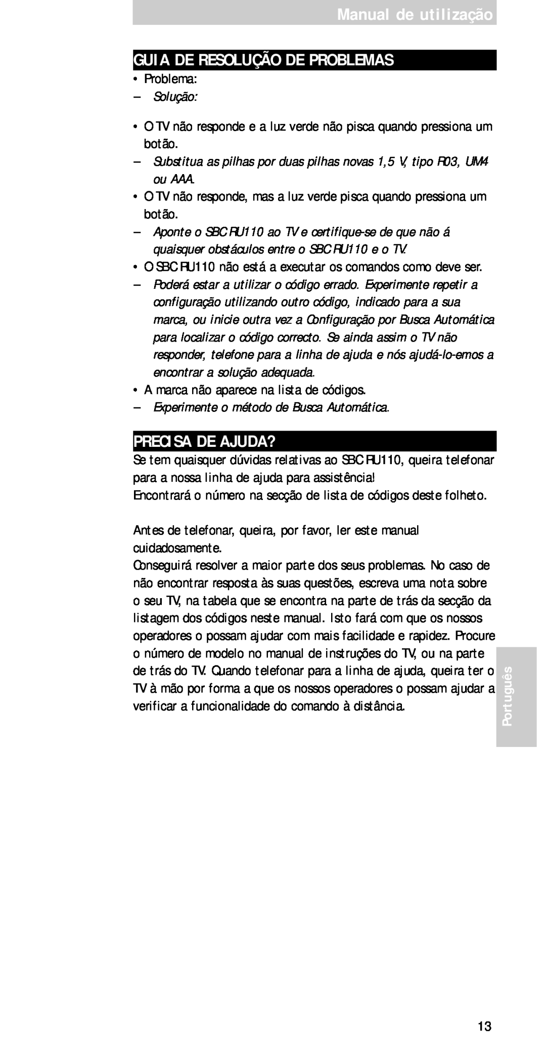 Philips sbc ru 110 manual Manual de utilização GUIA DE RESOLUÇÃO DE PROBLEMAS, Precisa De Ajuda?, Solução, Português 