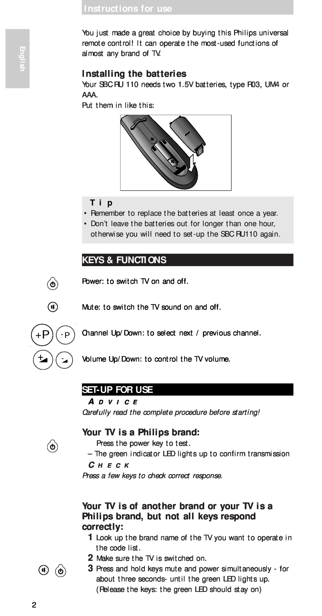 Philips sbc ru 110 manual Instructions for use, Installing the batteries, Keys & Functions, Set-Up For Use, T i p, English 