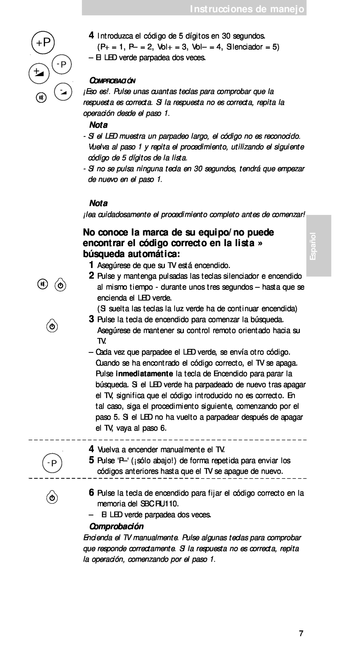 Philips sbc ru 110 manual Nota, Comprobación, Instrucciones de manejo, Español 