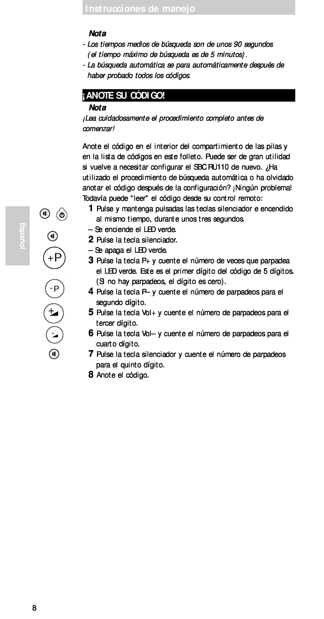 Philips sbc ru 110 manual ¡Anote Su Código, ¡Lea cuidadosamente el procedimiento completo antes de comenzar, Nota, Español 