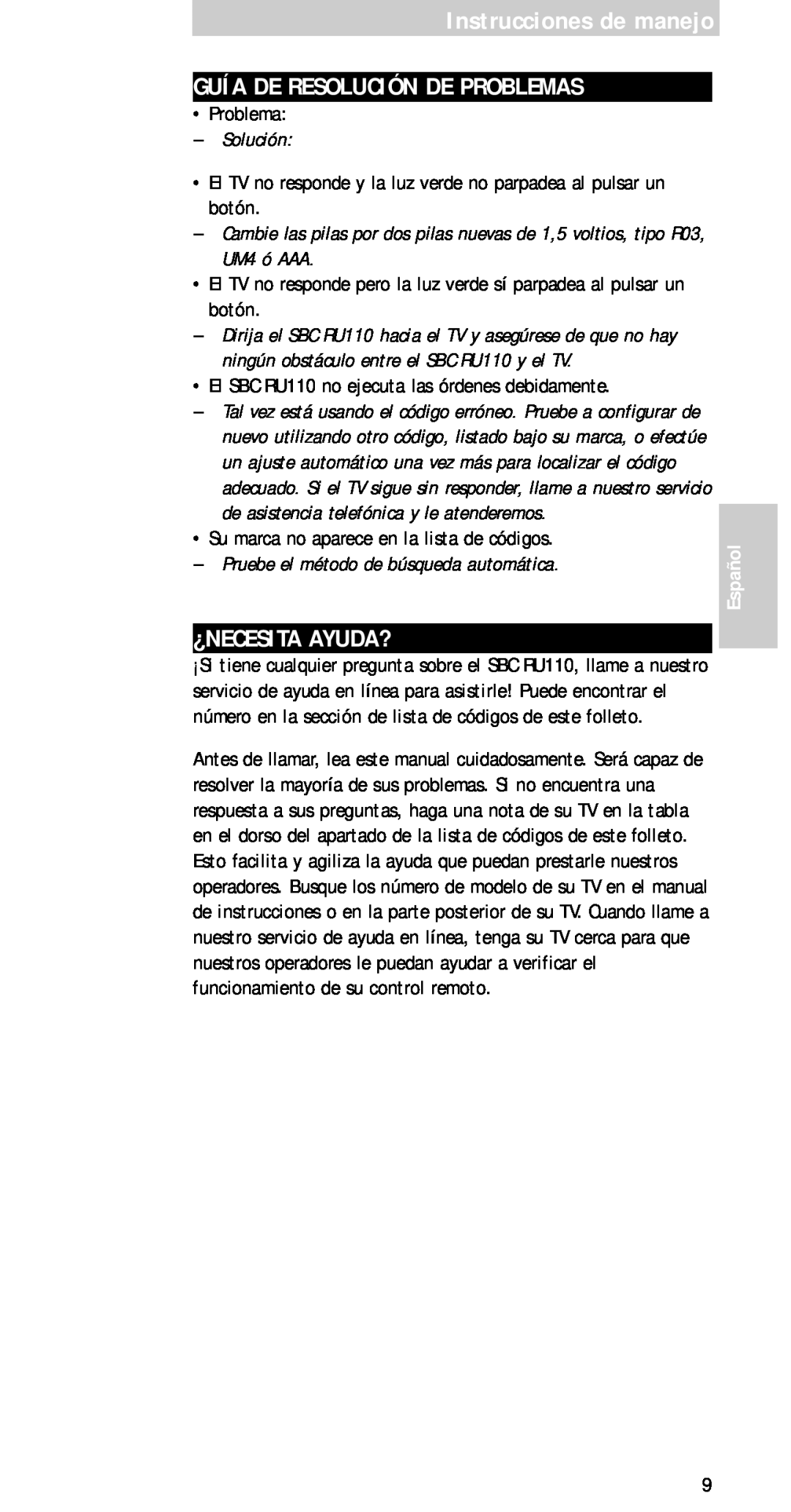 Philips sbc ru 110 manual Instrucciones de manejo GUÍA DE RESOLUCIÓN DE PROBLEMAS, ¿Necesita Ayuda?, Solución, Español 