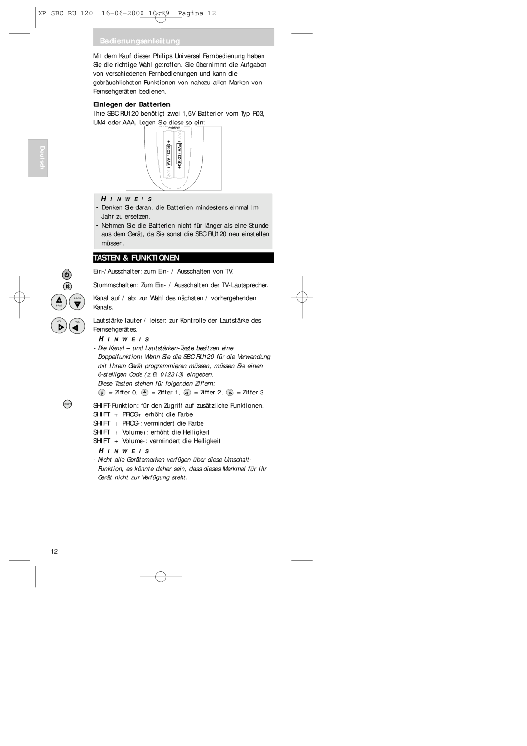 Philips SBC RU 120 Bedienungsanleitung, Tasten & Funktionen, Einlegen der Batterien, = Ziffer 0, Prog = Ziffer, N W E I S 