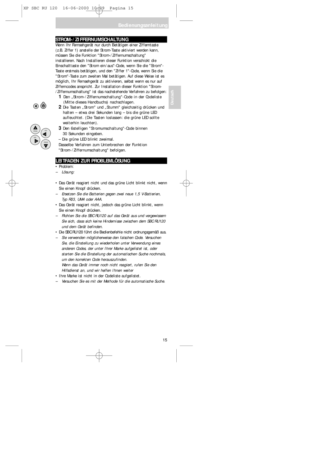 Philips SBC RU 120 manual Strom-/Ziffernumschaltung, Leitfaden ZUR Problemlösung, Lösung, Und dem Gerät befinden 