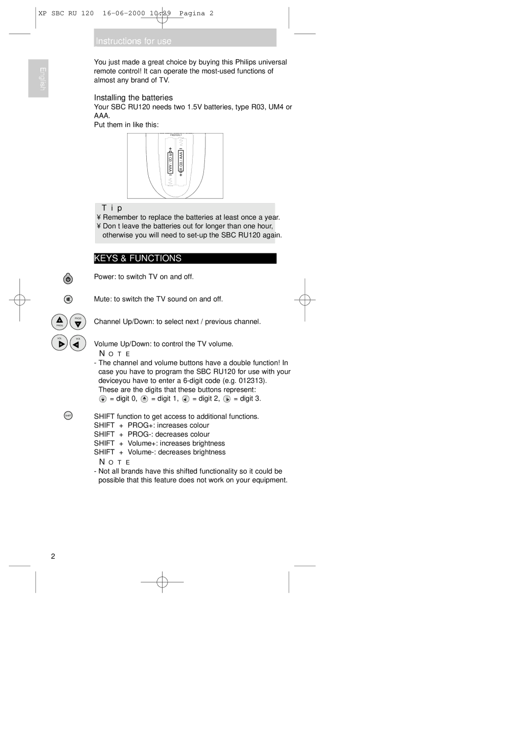 Philips SBC RU 120 manual Instructions for use, Keys & Functions, Installing the batteries 