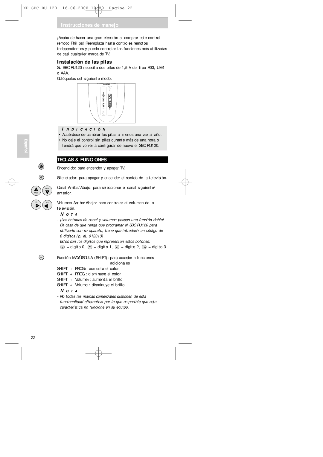 Philips SBC RU 120 manual Instrucciones de manejo, Instalación de las pilas, Teclas & Funciones 