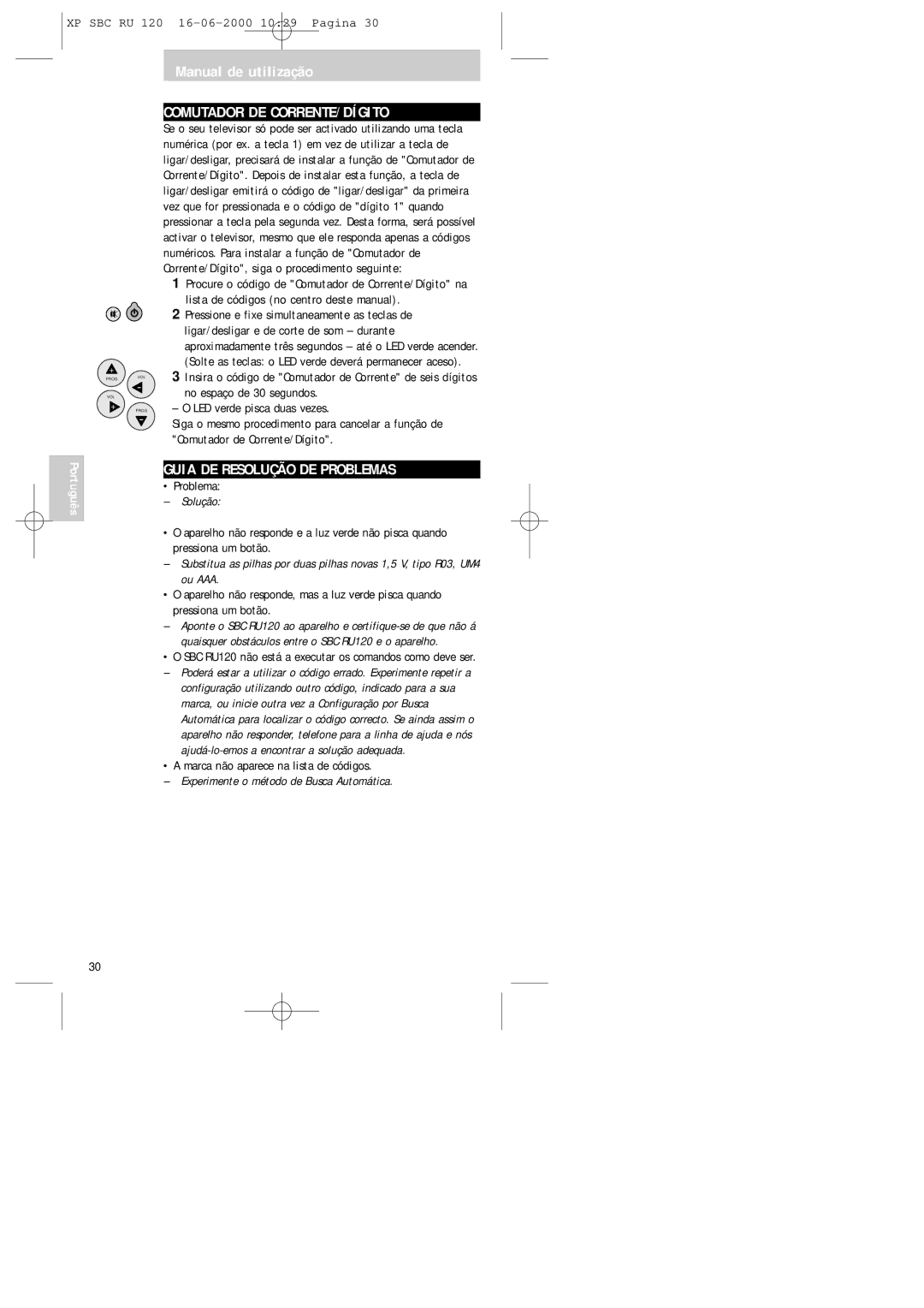 Philips SBC RU 120 manual Comutador DE CORRENTE/DÍGITO, Guia DE Resolução DE Problemas, Solução 