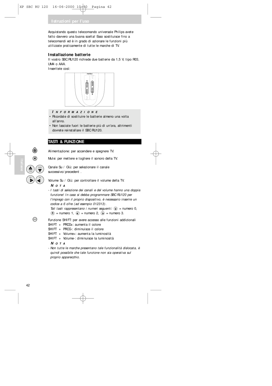 Philips SBC RU 120 Istruzioni per l’uso, Installazione batterie, Tasti & Funzione, Prog = numero, Proprio apparecchio 