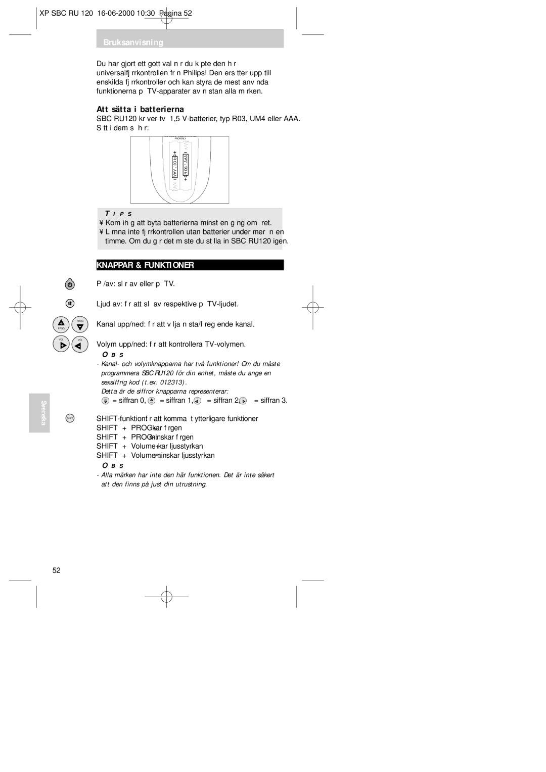 Philips SBC RU 120 manual Bruksanvisning, Att sätta i batterierna, Knappar & Funktioner, P S 