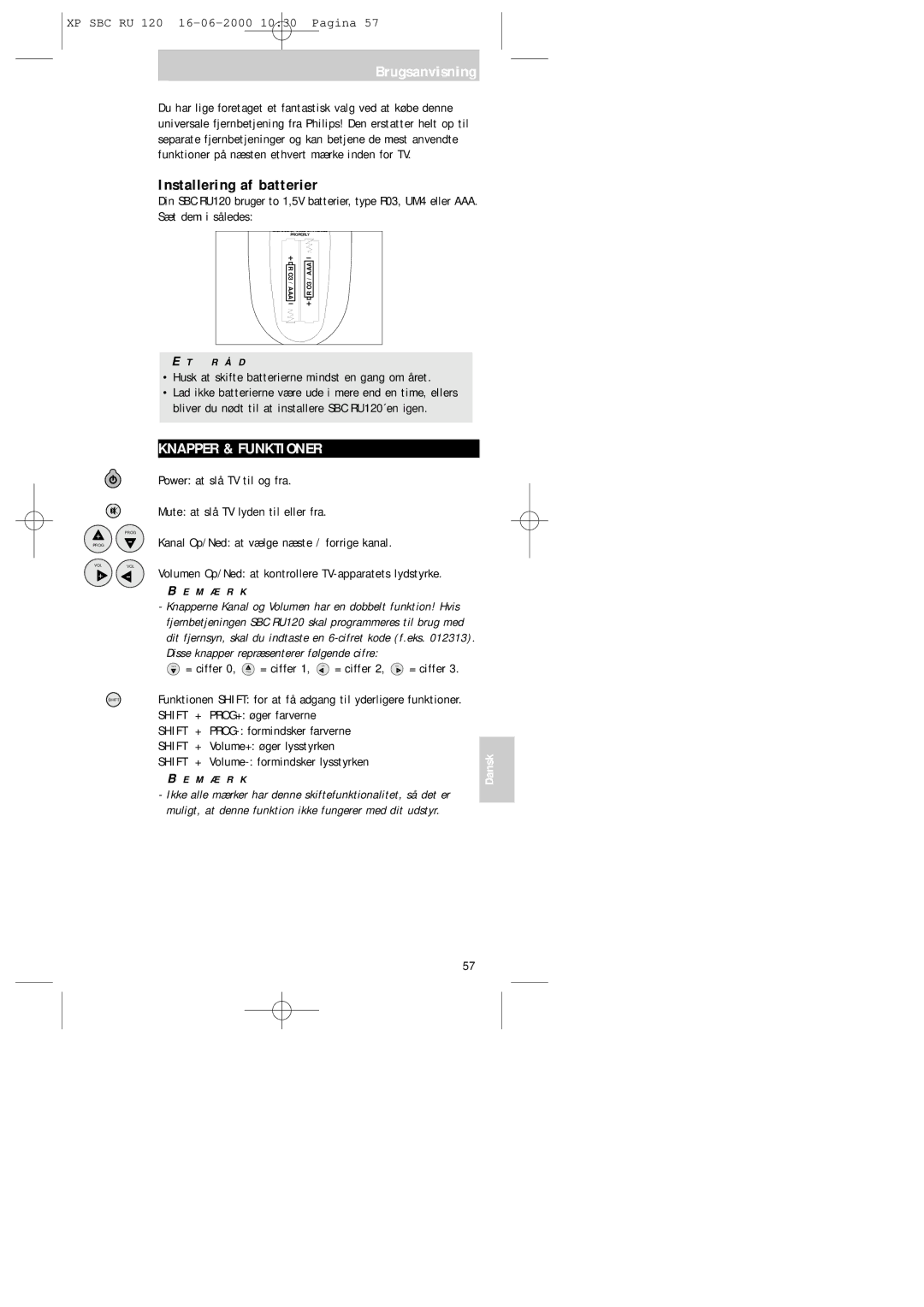 Philips SBC RU 120 manual Brugsanvisning, Installering af batterier, Knapper & Funktioner 