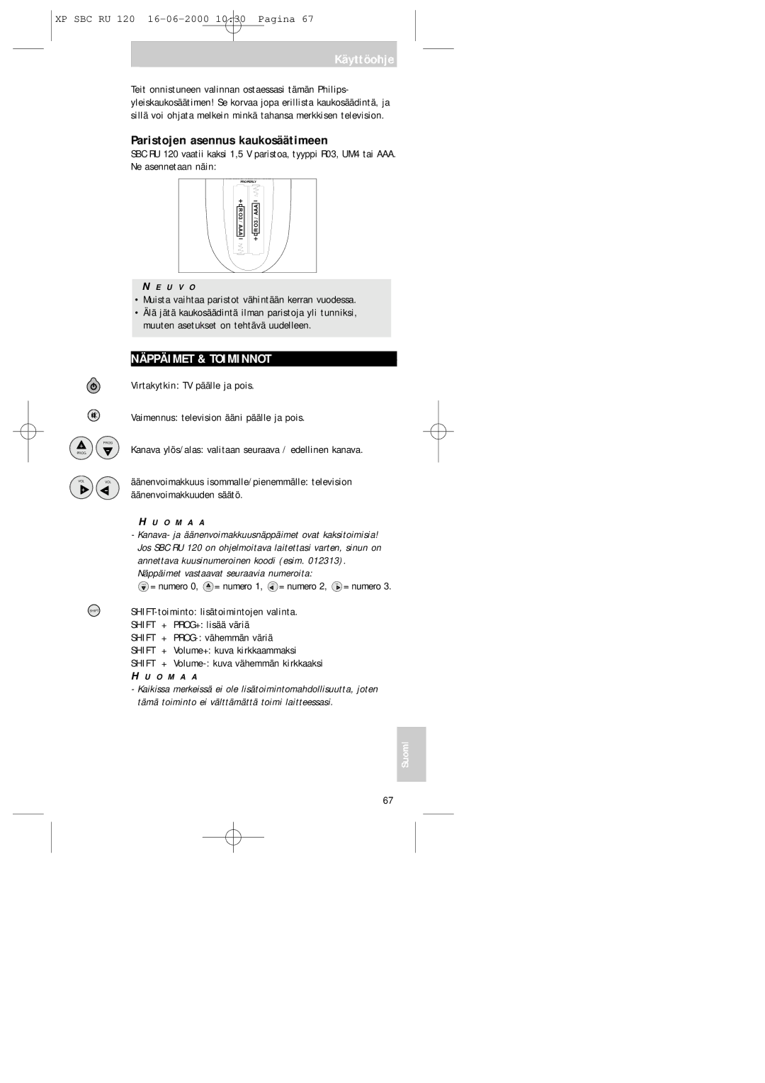 Philips SBC RU 120 manual Käyttöohje, Paristojen asennus kaukosäätimeen, Näppäimet & Toiminnot 