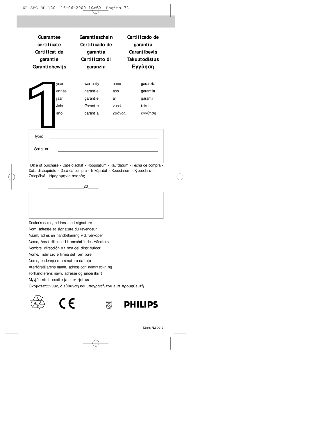 Philips SBC RU 120 manual Certificado de, Garantiebewijs, Εγγύηση 