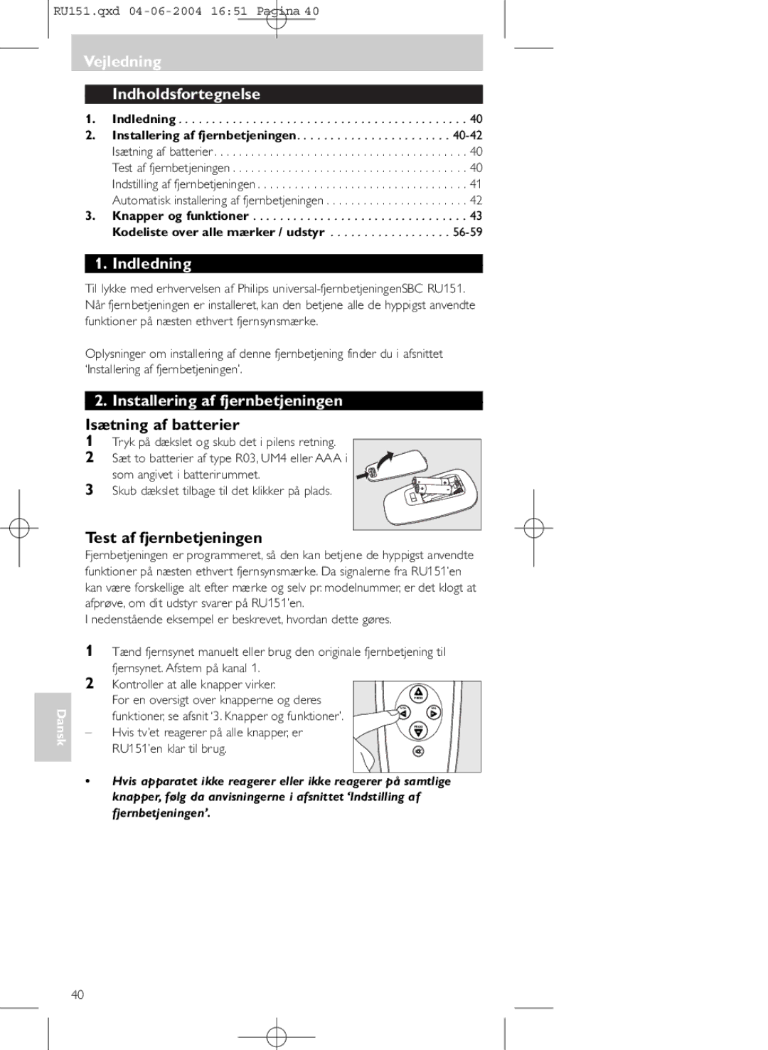 Philips SBC RU 151 Vejledning Indholdsfortegnelse, Indledning, Installering af fjernbetjeningen, Isætning af batterier 