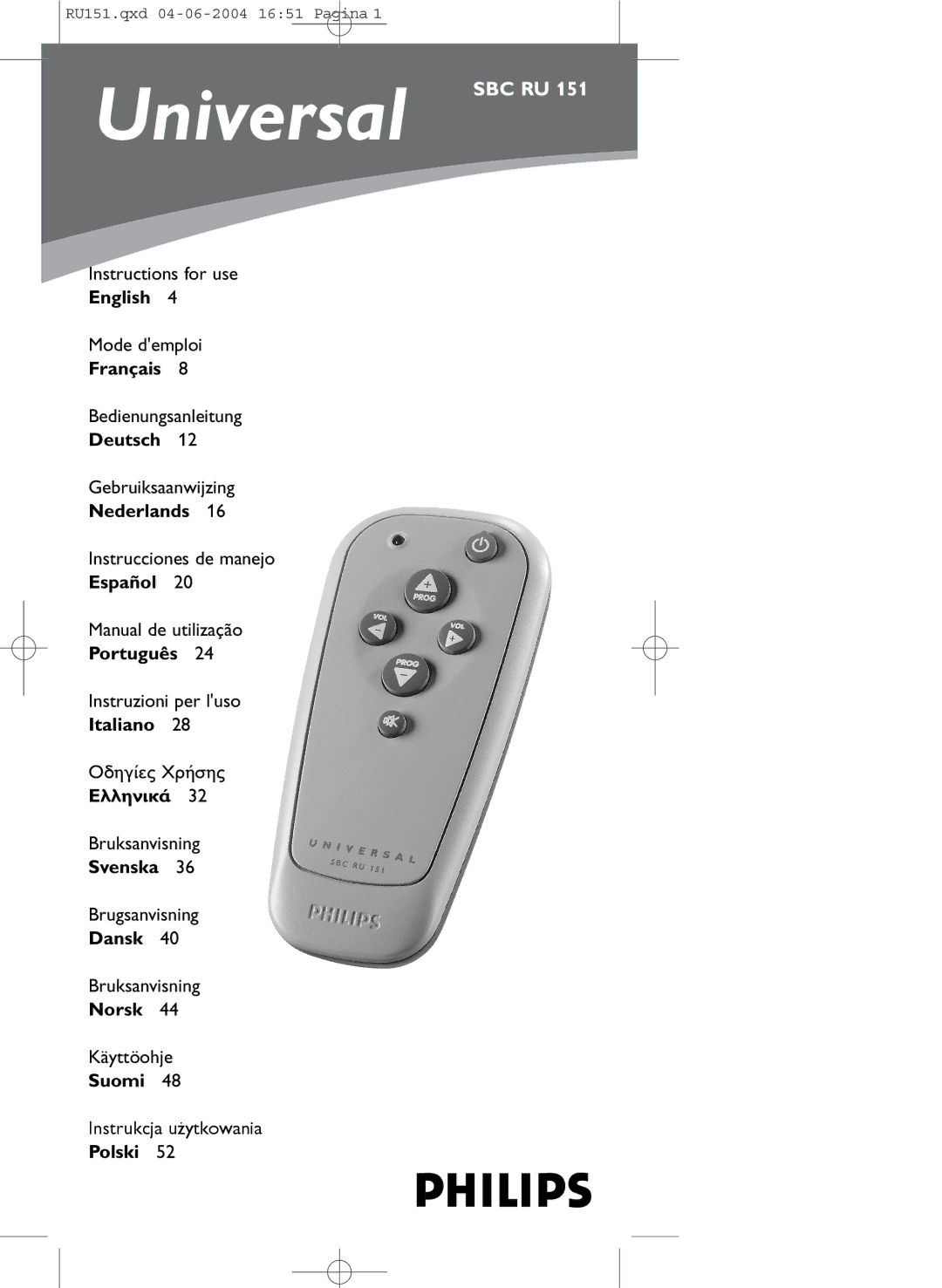 Philips SBC RU 151 manual English, Français, Deutsch, Nederlands, Español, Português, Italiano, Svenska, Dansk, Norsk 