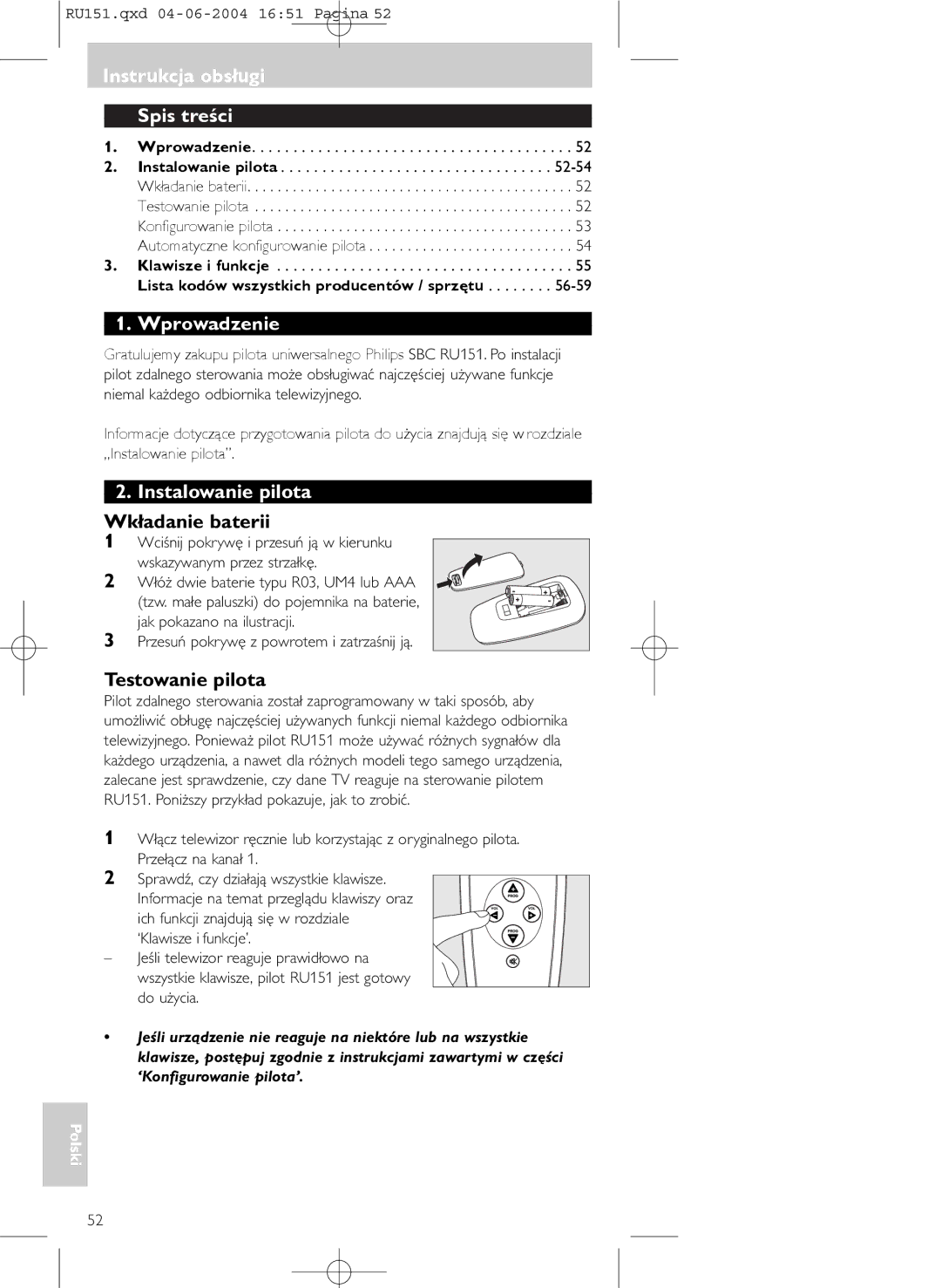 Philips SBC RU 151 Instrukcja obsługi Spis treści, Wprowadzenie, Instalowanie pilota, Wkładanie baterii, Testowanie pilota 