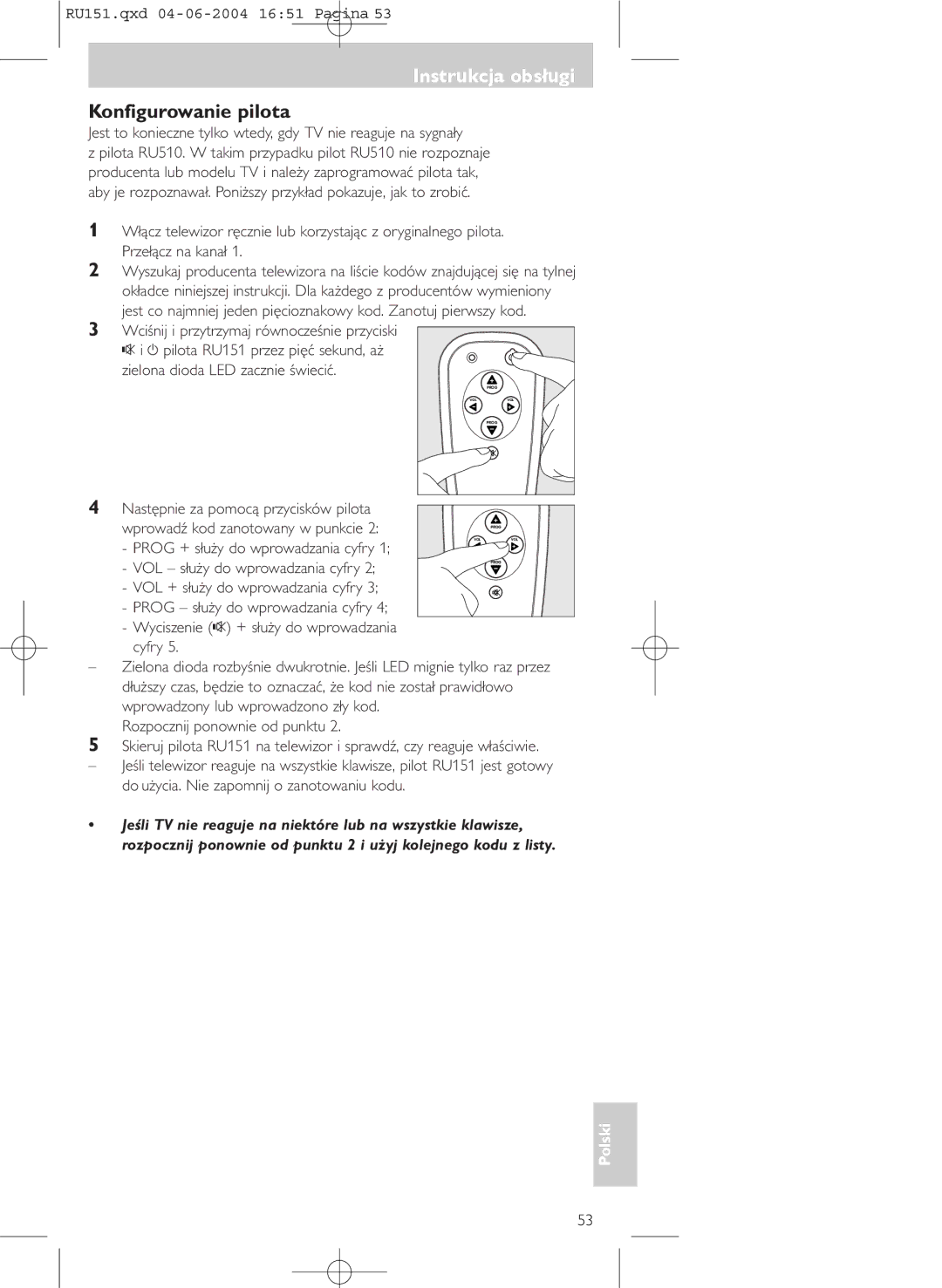 Philips SBC RU 151 manual Instrukcja obsługi, Konfigurowanie pilota, Zielona dioda LED zacznie świecić 