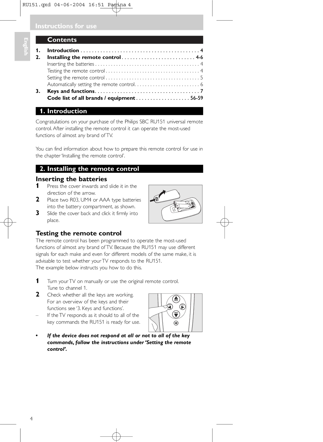 Philips SBC RU 151 manual Instructions for use Contents, Introduction, Installing the remote control 