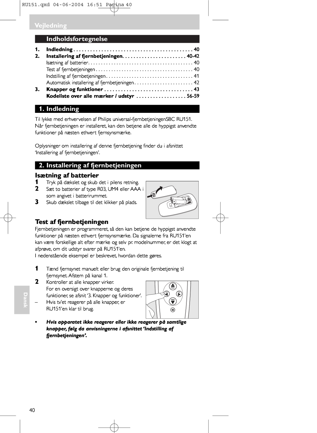 Philips SBC RU 151 Vejledning Indholdsfortegnelse, Indledning, Installering af fjernbetjeningen, Isætning af batterier 