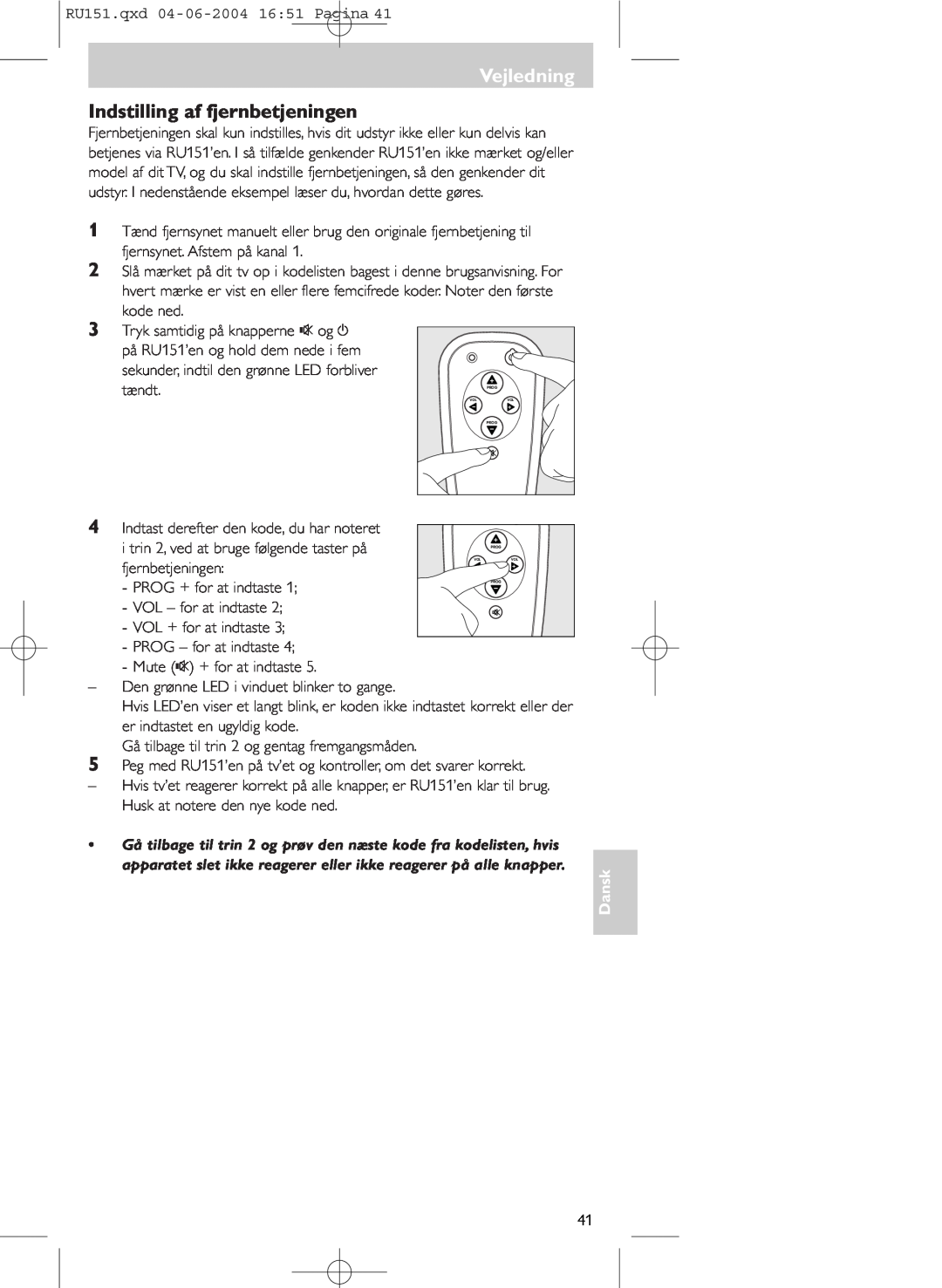 Philips SBC RU 151 manual Vejledning, Indstilling af fjernbetjeningen, Dansk 