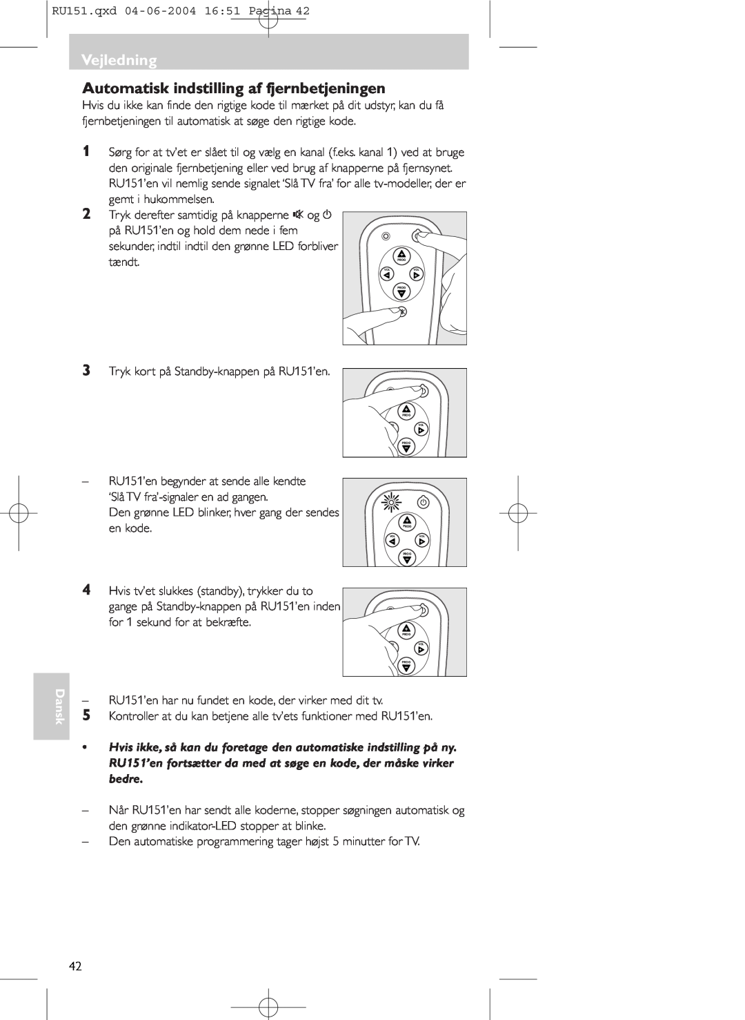 Philips SBC RU 151 manual Automatisk indstilling af fjernbetjeningen, Vejledning, Dansk 