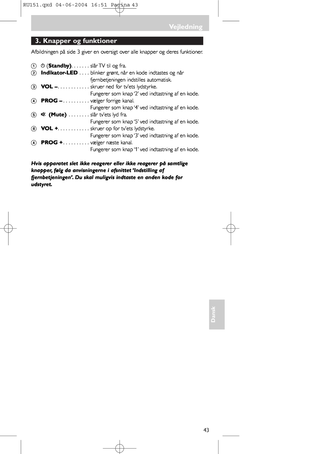 Philips SBC RU 151 manual Vejledning 3. Knapper og funktioner, Dansk 
