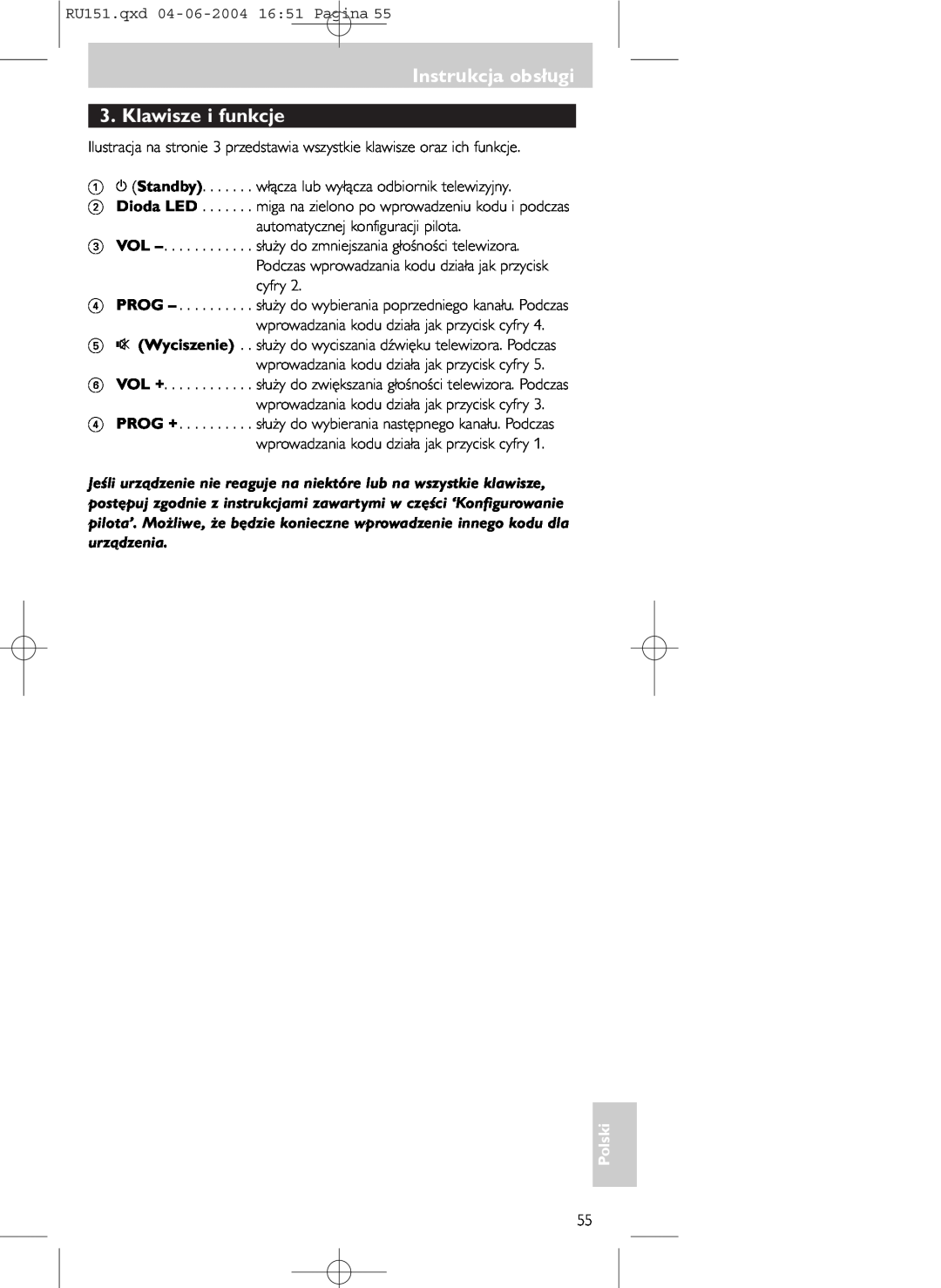 Philips SBC RU 151 manual Instrukcja obsługi 3. Klawisze i funkcje, Polski 
