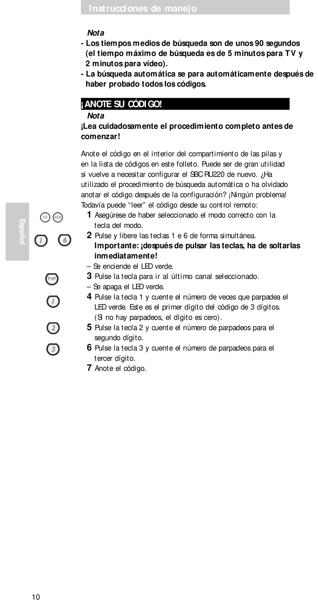 Philips SBC RU 220 manual ¡ANOTE SU Código 