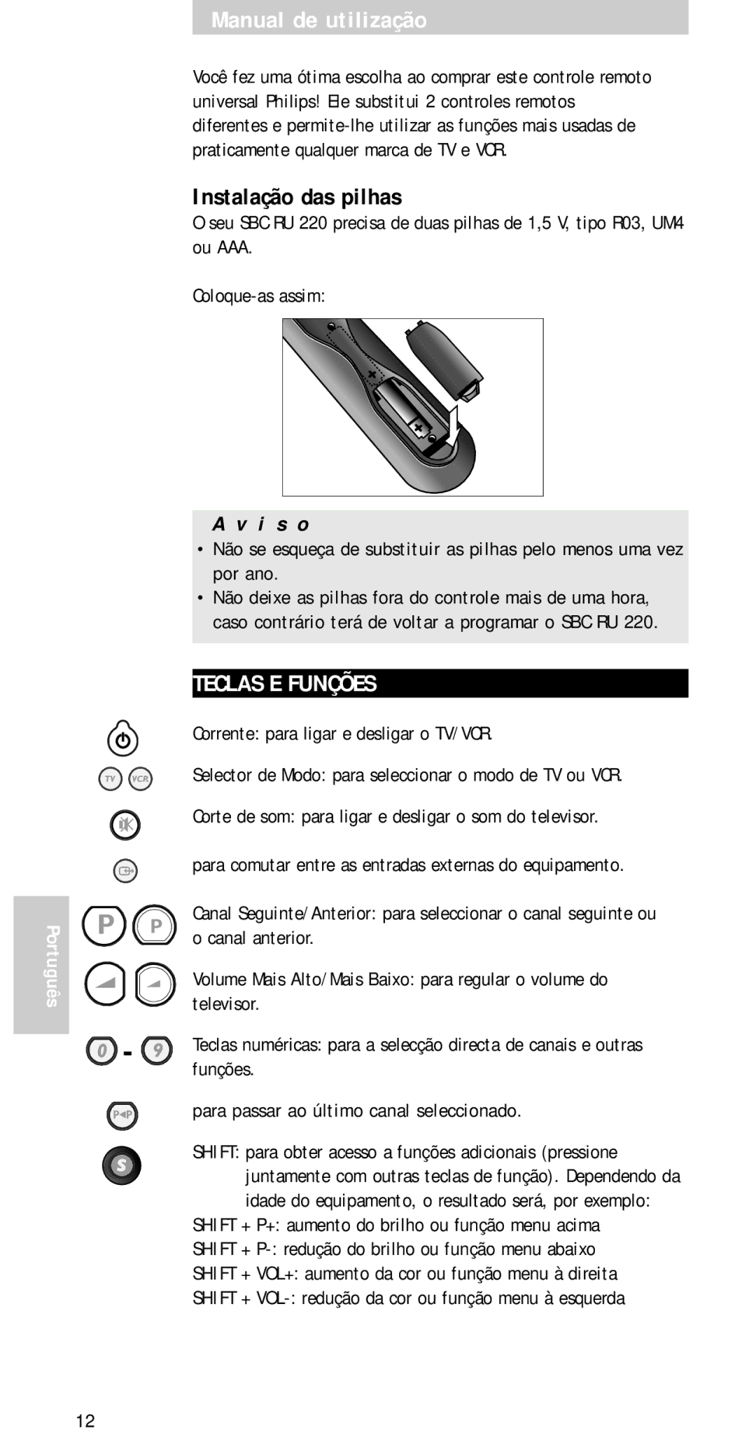 Philips SBC RU 220 manual Manual de utilização, Instalação das pilhas, Teclas E Funções, I s o 