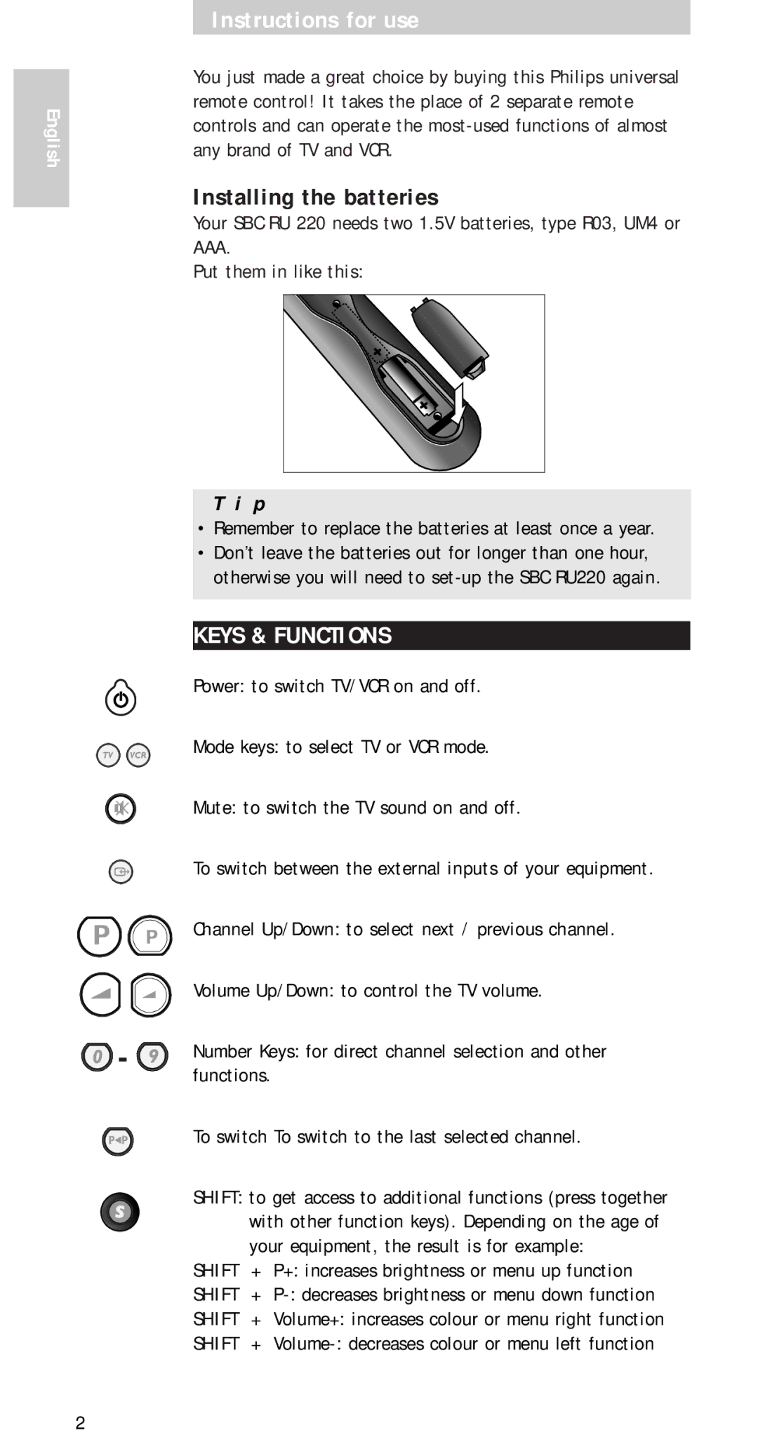 Philips SBC RU 220 manual Instructions for use, Installing the batteries, Keys & Functions 