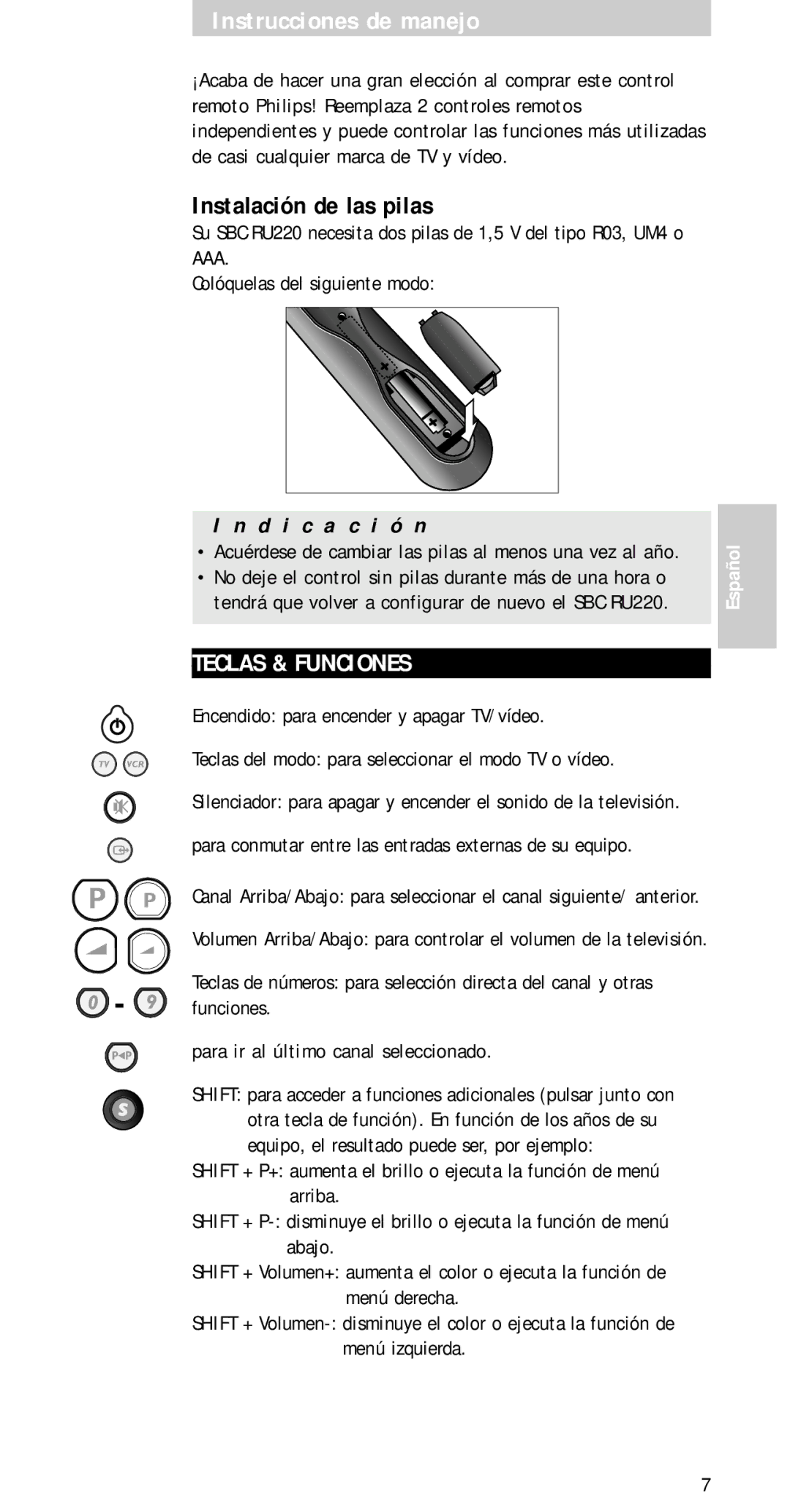 Philips SBC RU 220 manual Instrucciones de manejo, Instalación de las pilas, Teclas & Funciones, D i c a c i ó n 